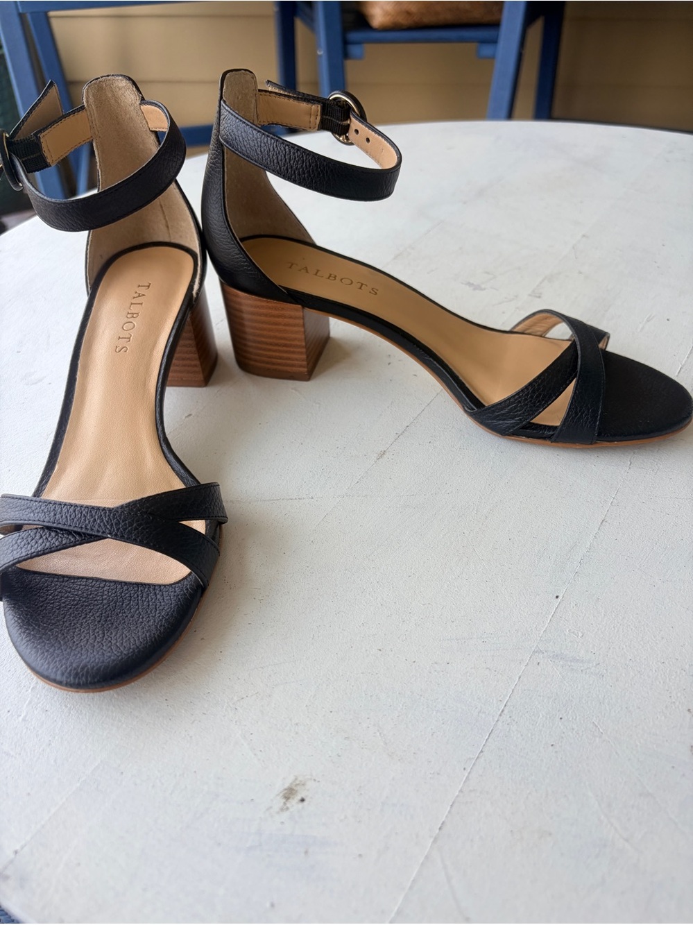 Talbots Black Leather Ankle Strap Block Heels